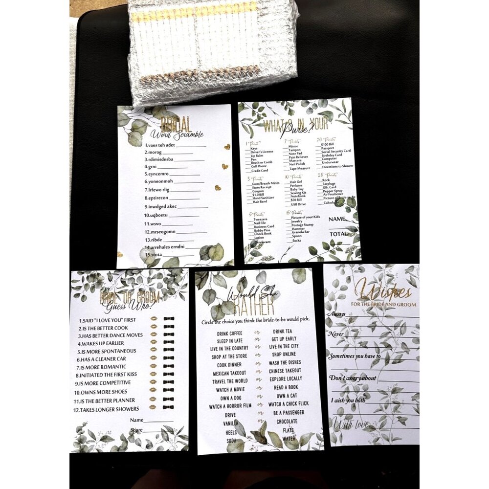 220 Piece Bridal Shower Games- 5 different games- Pencils Included- Eucalyptus L
